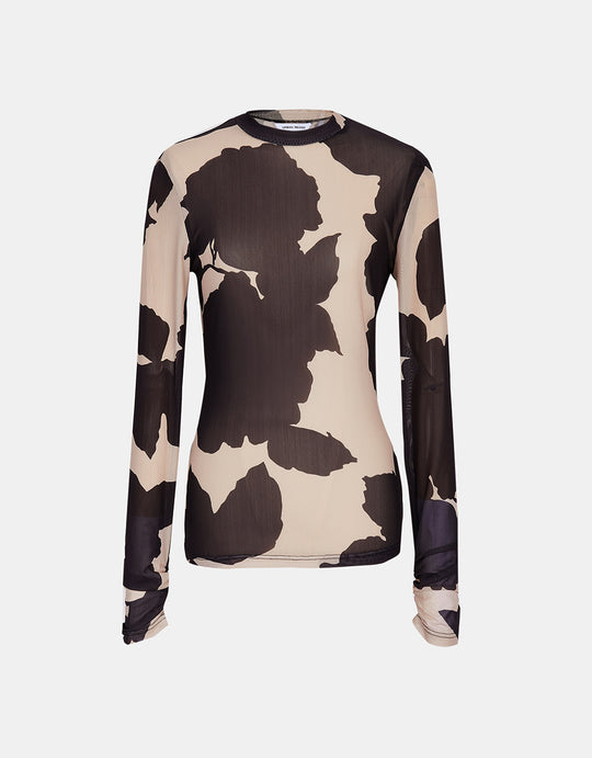 모크 넥 플라워 프린트 메쉬 탑스