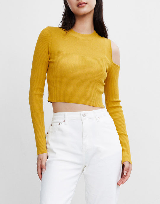 컷아웃 디테일 리브 니트 티셔츠