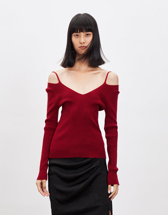 오프 숄더 V넥 니트 티셔츠