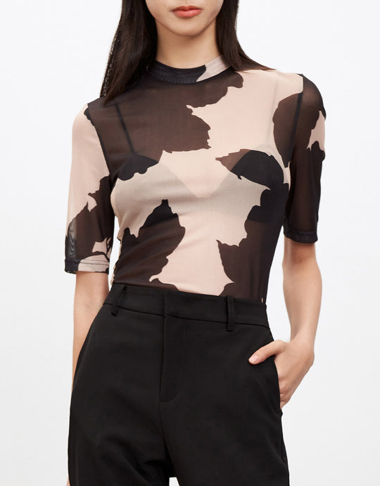 모크 넥 플로럴 프린트 메쉬 티셔츠