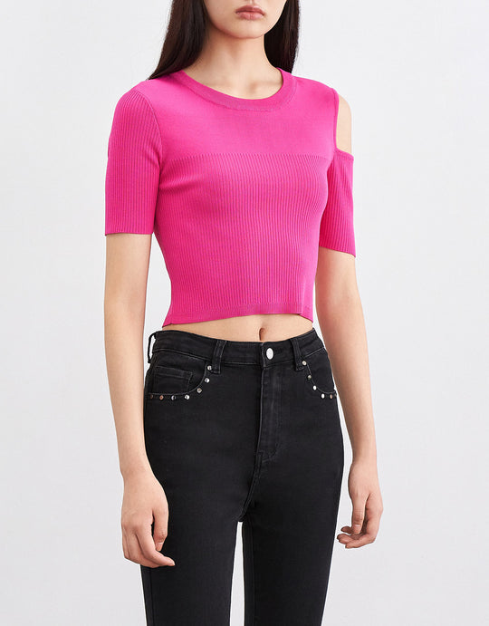 컷아웃 디테일 크롭 니트 티셔츠