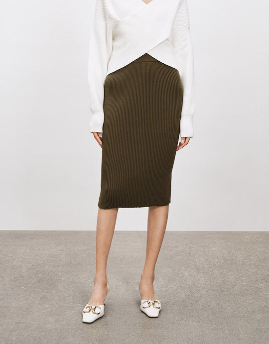 골지 니트 미디 스커트