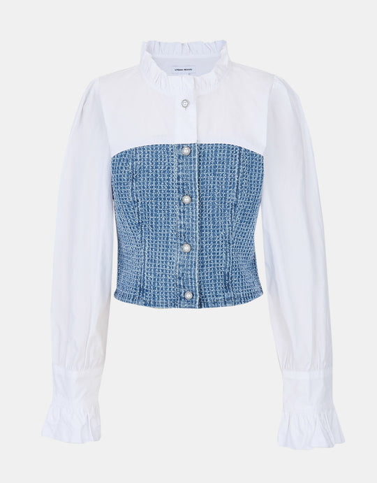 프릴 트리밍 대비 데님 셔츠