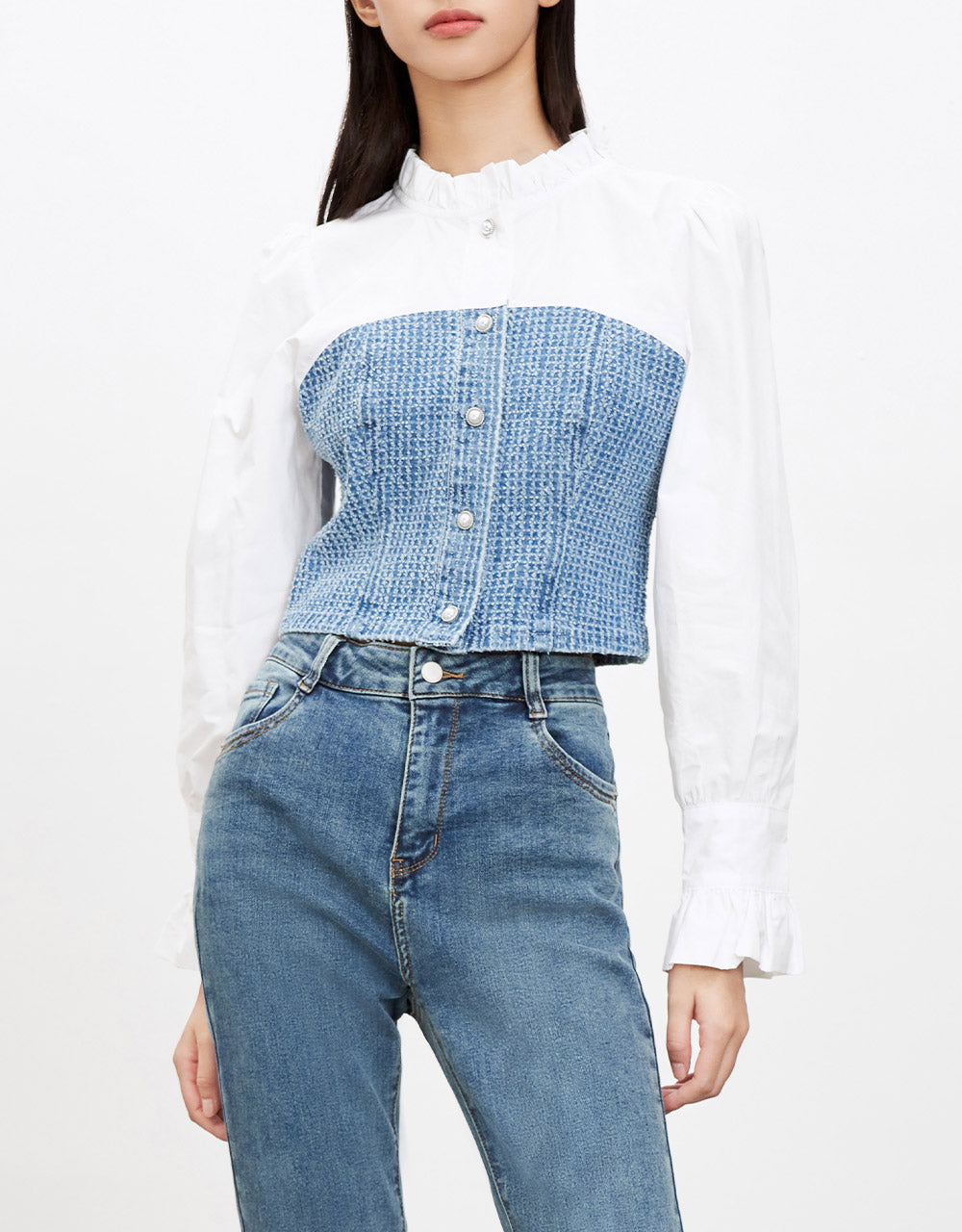 프릴 트리밍 대비 데님 셔츠