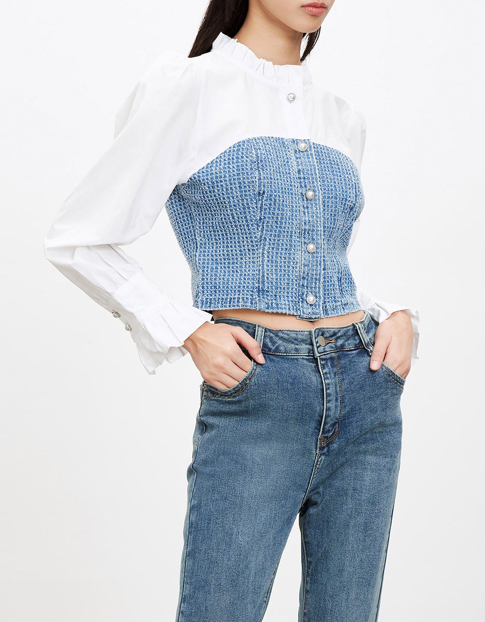 프릴 트리밍 대비 데님 셔츠