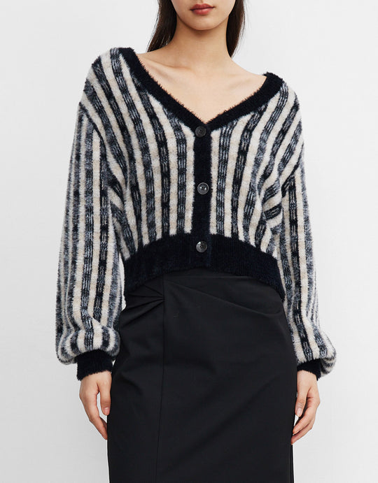 스트라이프 버튼 업 퍼지 가디건