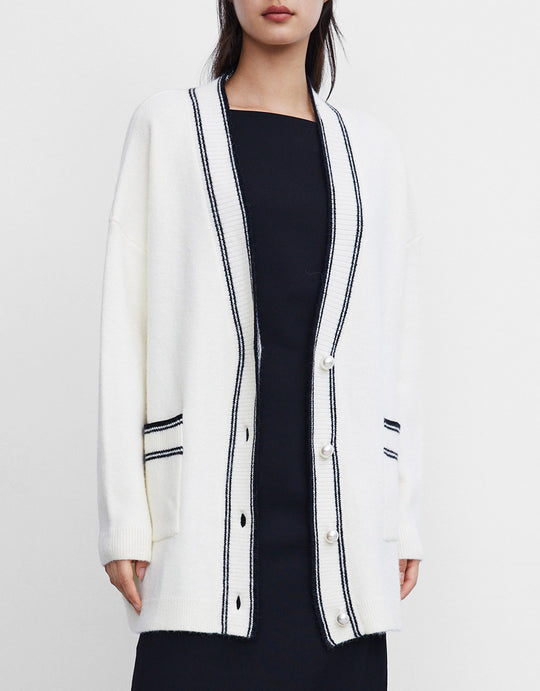 V 넥 콘트라스트 트리밍 드롭 숄더 카디건