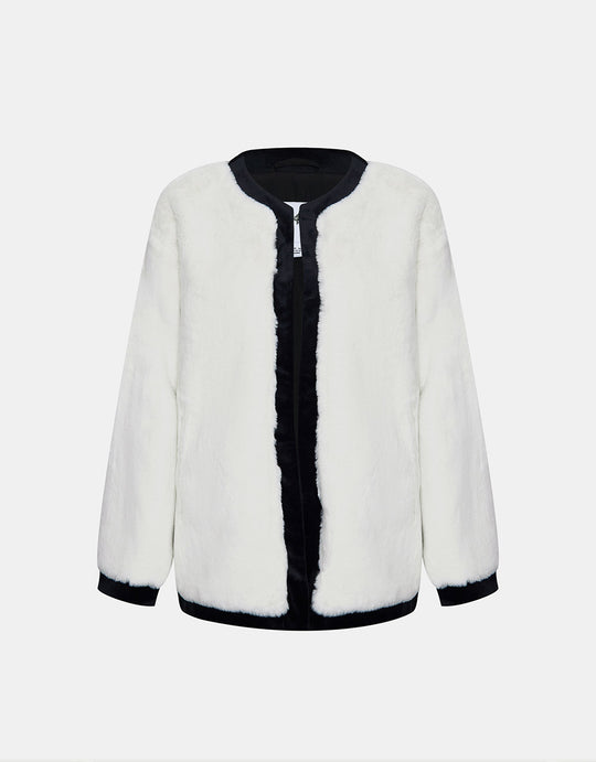 콘트라스트 트리밍 크루넥 플러피 코트