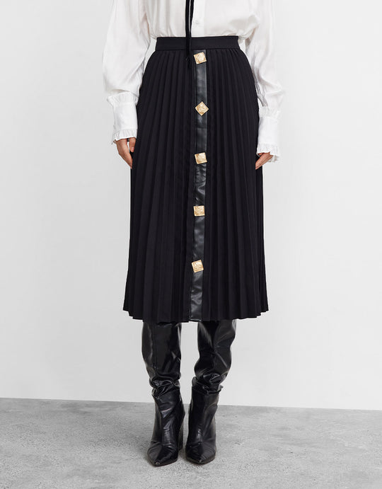 플리츠 버튼 프론트 미디 스커트