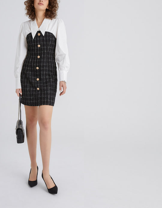 셔츠 칼라 스플라이스 트위드 바디콘 드레스