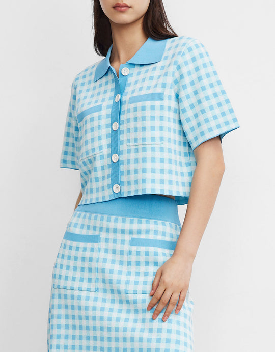 체크무늬 버튼업 니트 탑