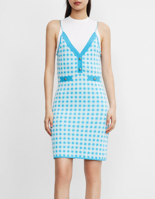 페이크 투피스 체크무늬 바디콘 니트 드레스