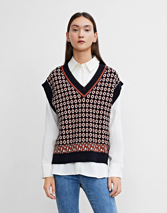 V넥 올오버 패턴 스웨터 조끼