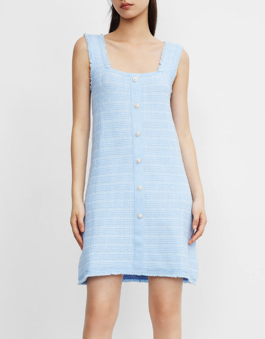 체크무늬 진주버튼 슬리브리스 니트 원피스