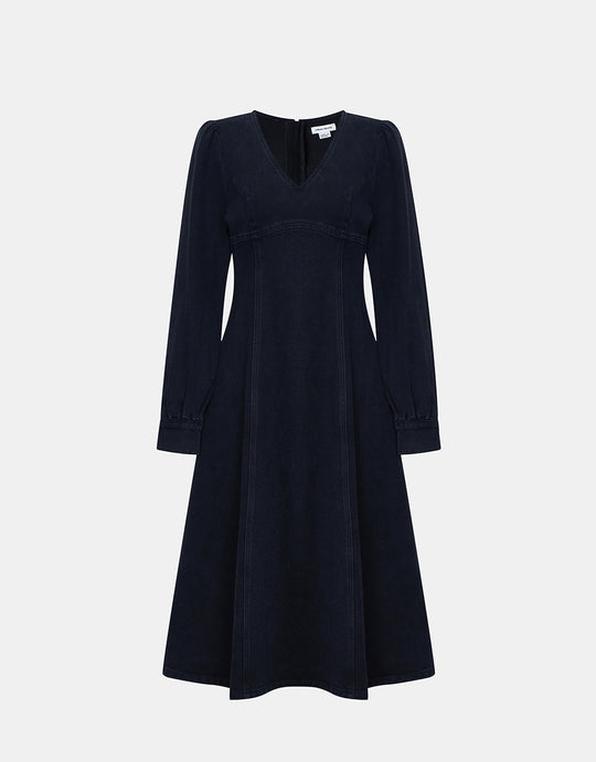 퍼프 소매 V넥 데님 드레스