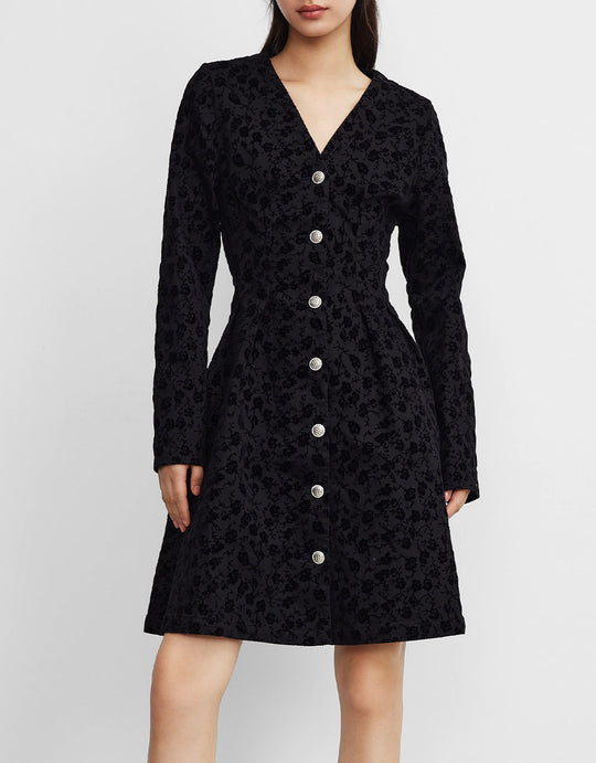 플로럴 자카드 라인스톤 버튼업 데님 드레스