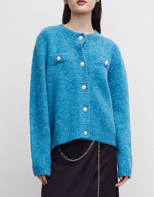 펄 버튼 크루넥 가디건