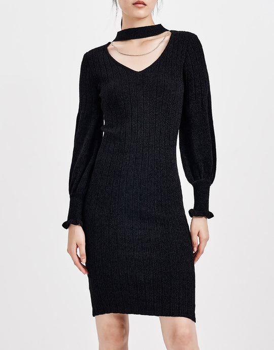 컷아웃 골지 니트 미디 드레스