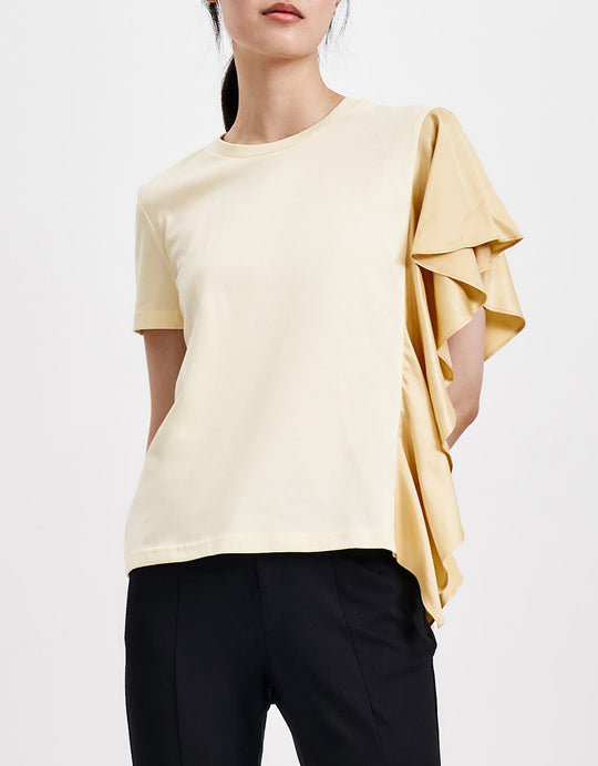 러플 트리밍 크루넥 티셔츠