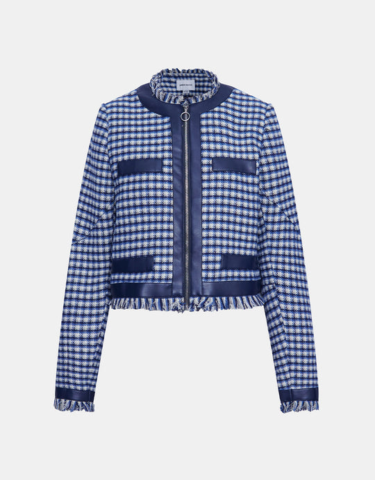 로우 헴 체크 무늬 트위드 자켓