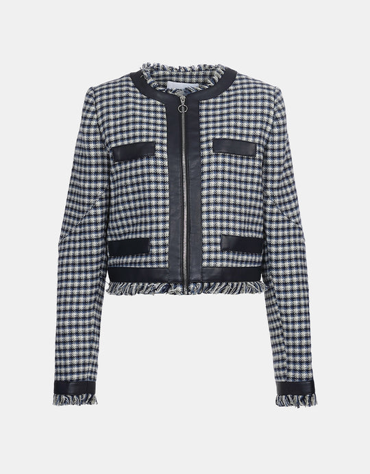 로우 밑단 체크무늬 트위드 자켓
