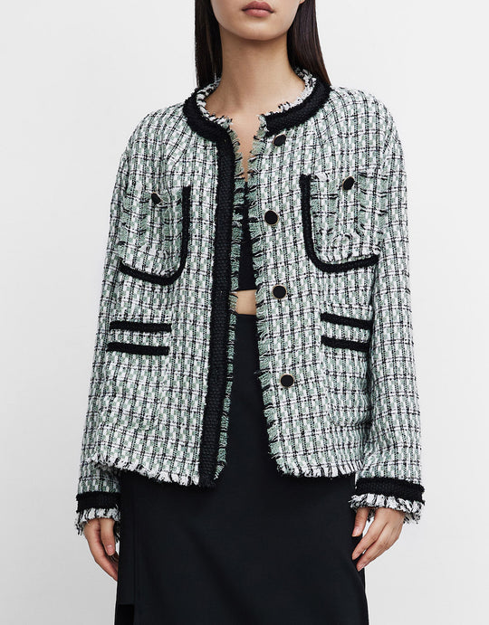 로우 트리밍 체크무늬 트위드 자켓