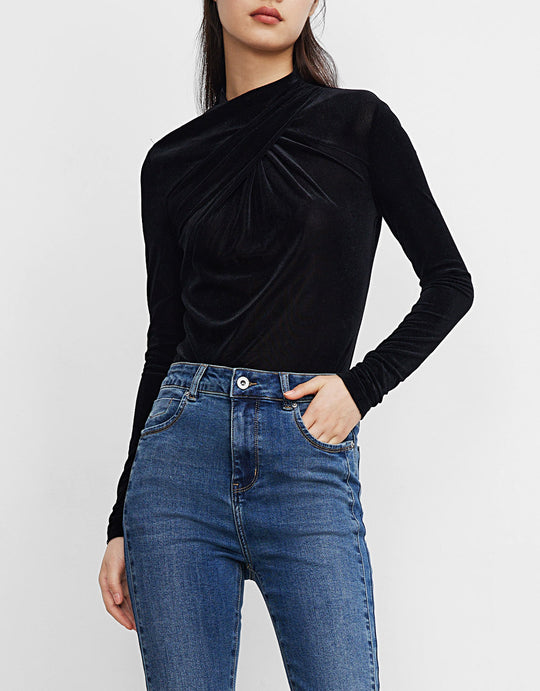 플리츠 앞 지퍼 백 핏 티셔츠