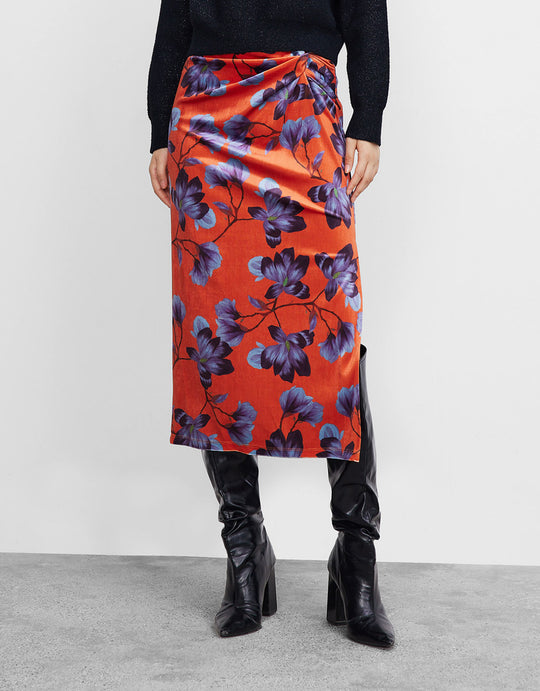 플로럴 패턴 트위스트 프런트 미디 스커트