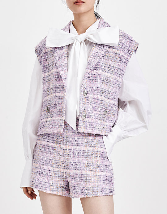 체크무늬 트위드 블레이저 조끼