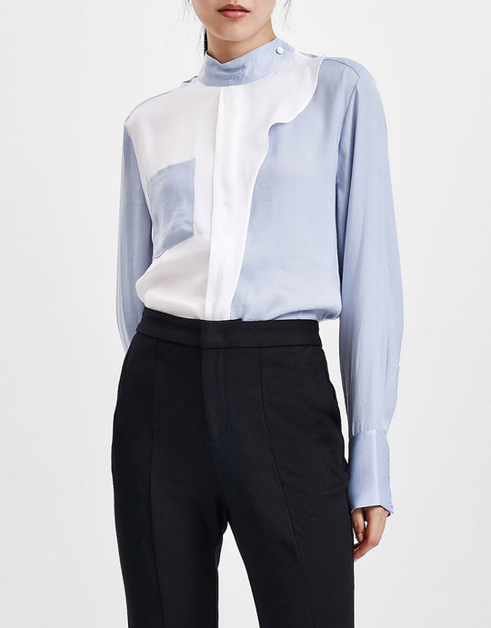 투톤 러플 칼라 블라우스