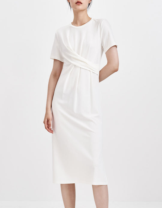 플리츠 프론트 크루넥 미디 드레스