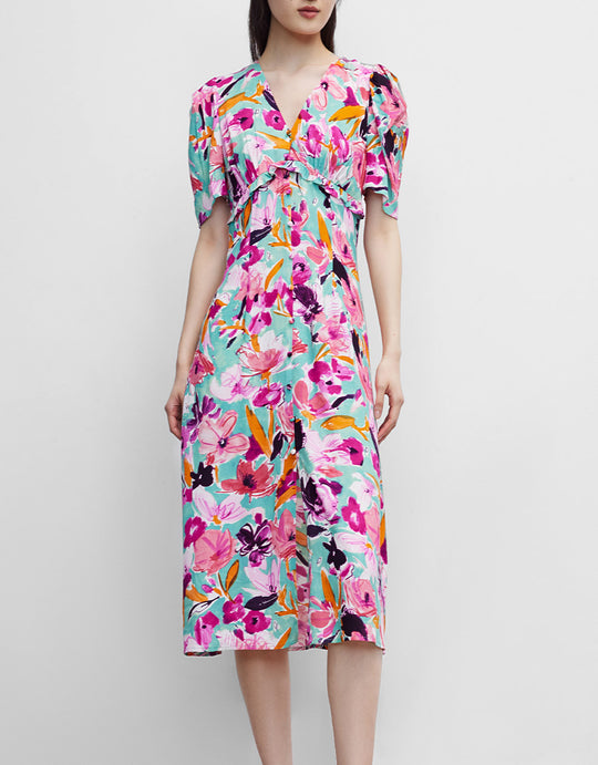 플로럴 프린트 퍼프 슬리브 드레스