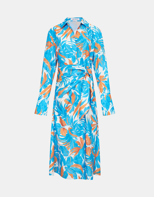 나뭇잎 패턴 매듭 프런트 미디 드레스