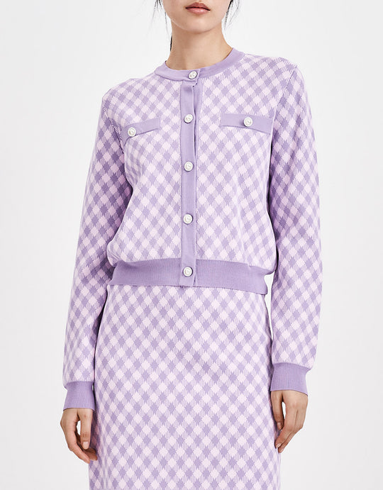 콘트라스트 트리밍 인조 진주 버튼 가디건