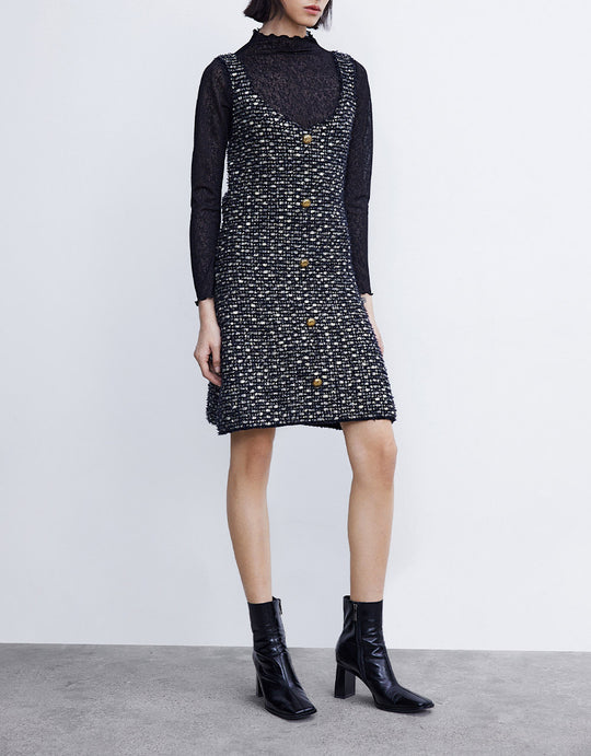 레트로 메탈 버튼 트위드 민소매 니트 드레스
