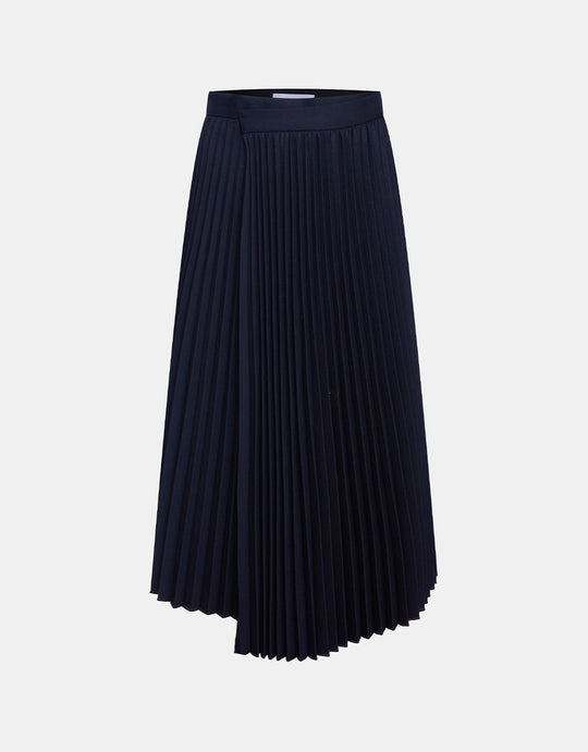 플리츠 비대칭 밑단 미디 스커트