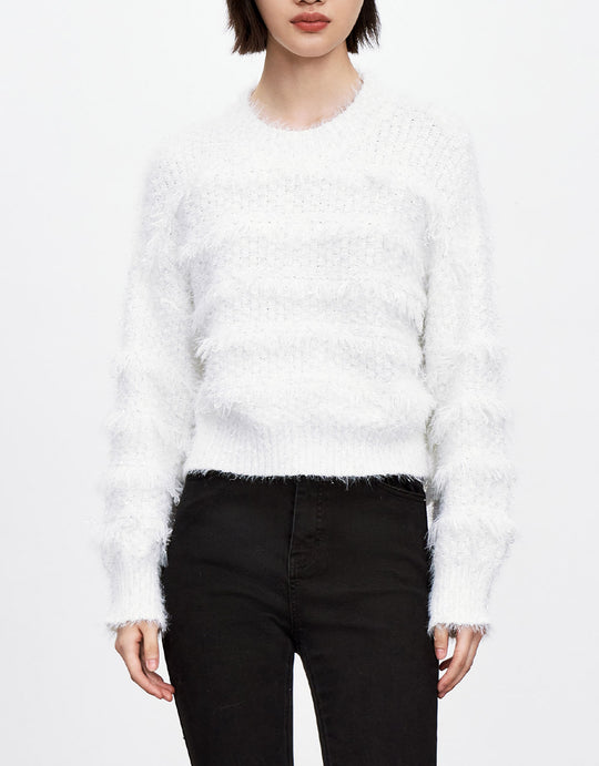 크루넥 프린지 트리밍 퍼지 스웨터