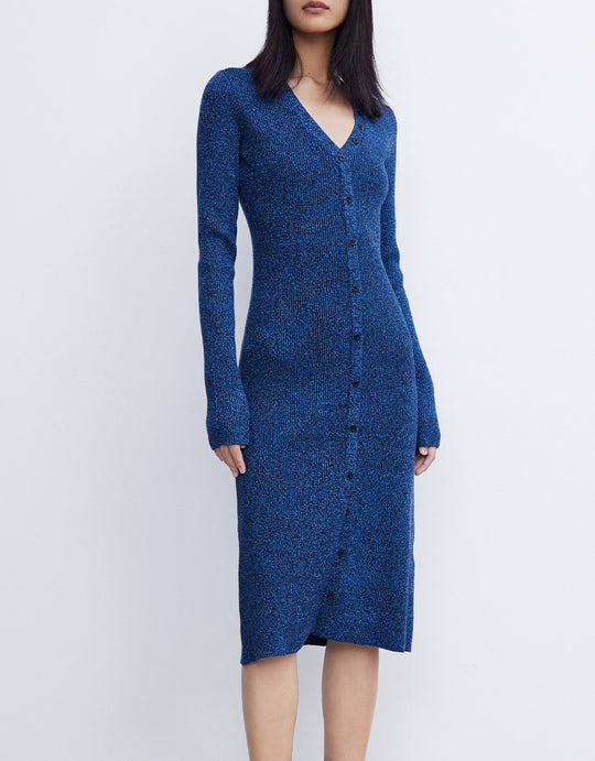 골지 니트 버튼업 바디콘 미디 드레스