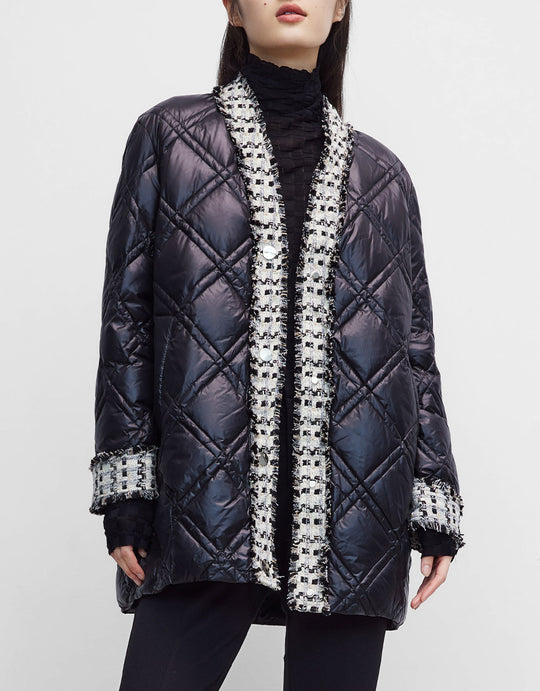 콘트라스트 트리밍 V넥 오리털 패딩