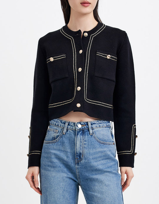 콘트라스트 스티치 메탈릭 버튼 크롭 가디건