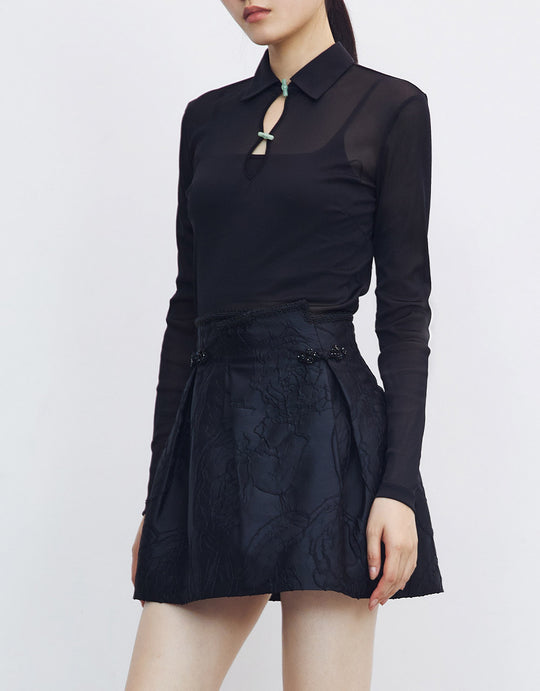 앞 포인트 컷아웃 긴팔 탑