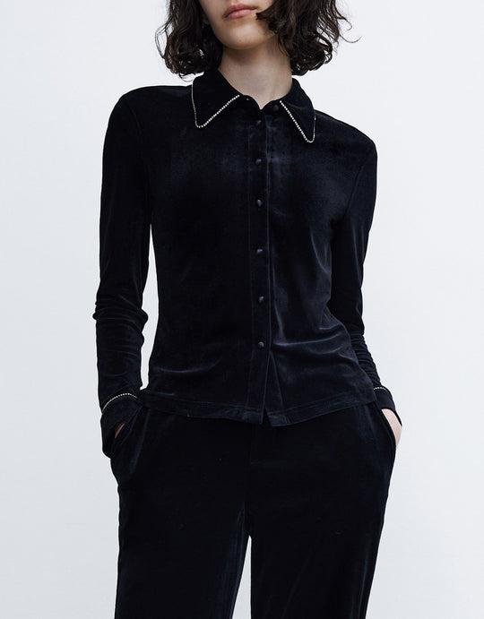 라인스톤 디테일 버튼업 벨벳 셔츠