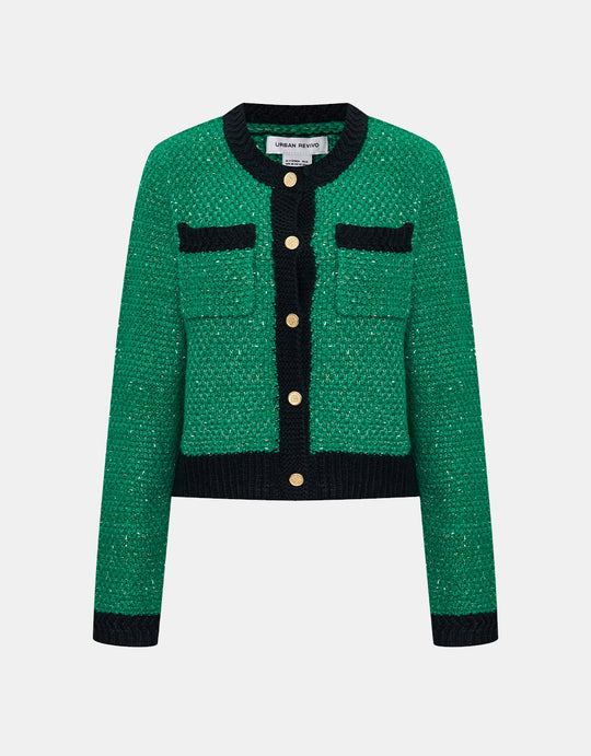 콘트라스트 트리밍 패치 포켓 카디건