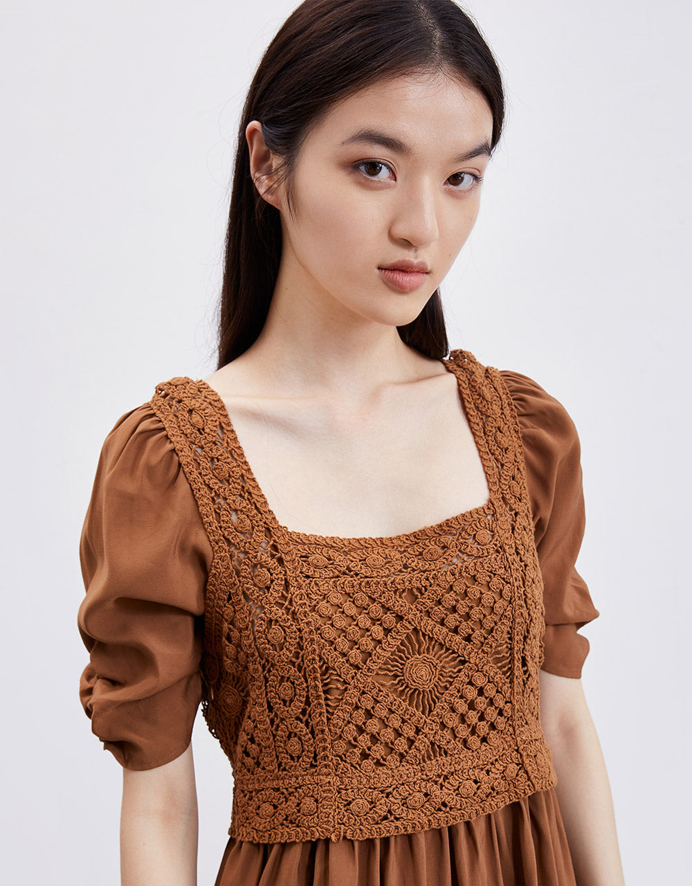퍼프 소매 U넥 A-Line 드레스