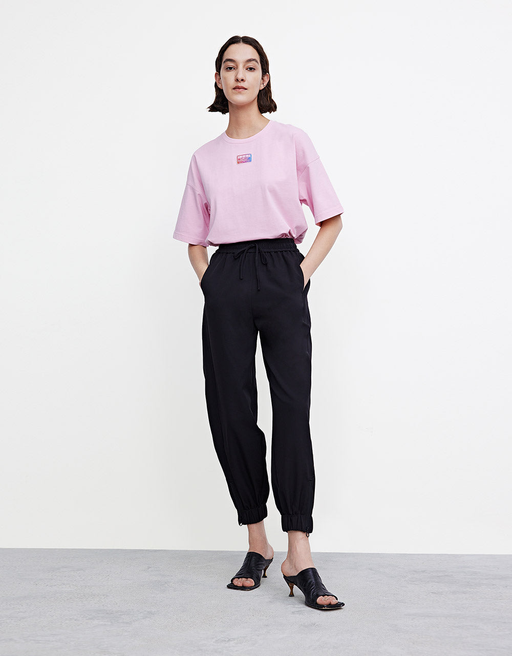 오프 숄더 골지 크루 넥 카라 루즈핏 티셔츠