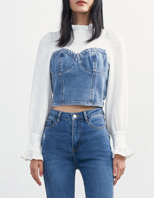 프릴 트리밍 스플라이스 데님 블라우스