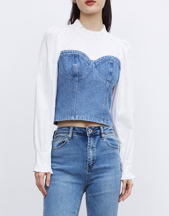 프릴 트리밍 스플라이스 데님 블라우스