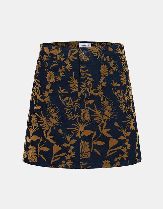 플라워 &amp; 리브스 프린트 데님 스커트