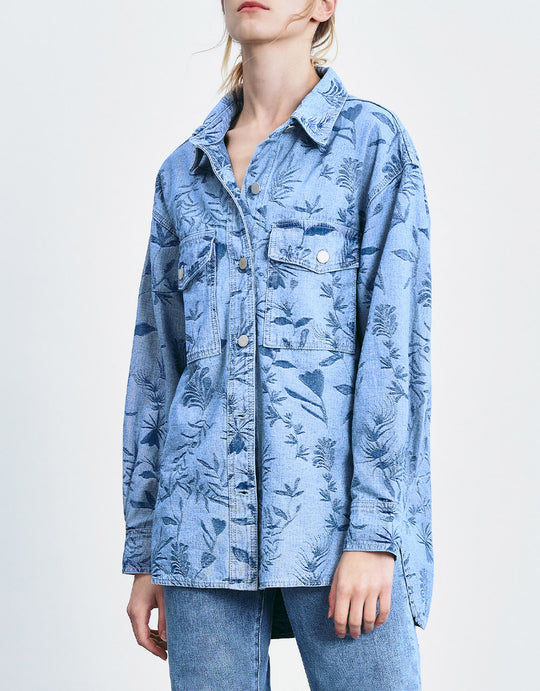 플라워 &amp; 리브스 프린트 데님 셔츠