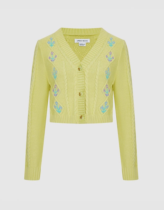 플로럴 자수 케이블 니트 가디건